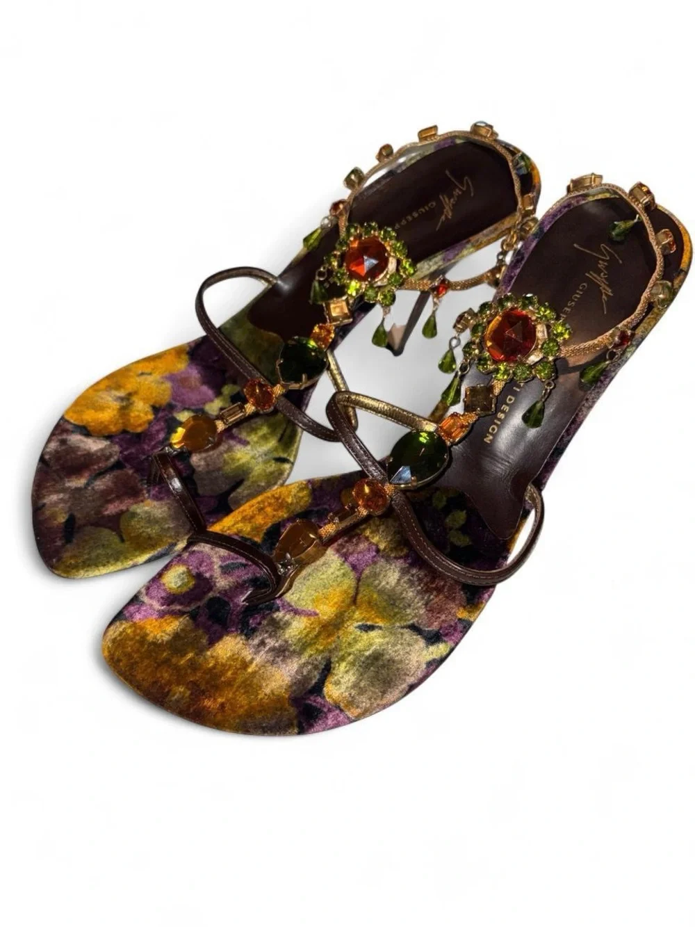 Giuseppe Zanotti Purple Yellow Jewel Embellished Floral Velvet Sole Heels EU 41